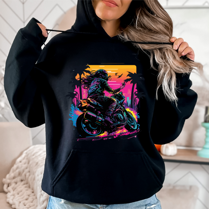 Schwarzer Damen Hoodie mit Bunten Hintergrund schwarzen Palmen und einem Biker