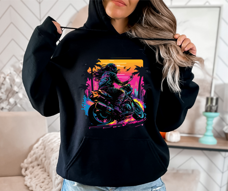 Schwarzer Damen Hoodie mit Bunten Hintergrund schwarzen Palmen und einem Biker