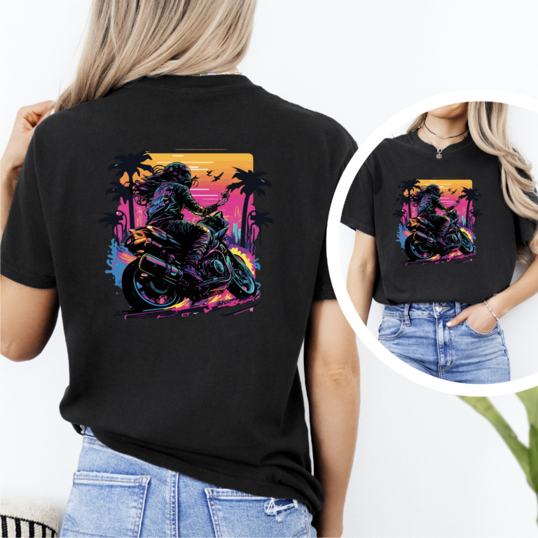 Schwarzes Damen T-Shirt mit Bunten Hintergrund schwarzen Palmen und einem Biker